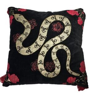 Chinese Year Of The Snake Throw Pillow Black Red Tassels 19x19" Zip Cover NWT
